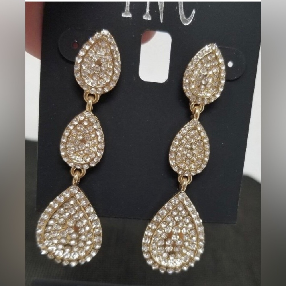 INC International Concepts earring goldtone texture hoop rhinestone drop dangle